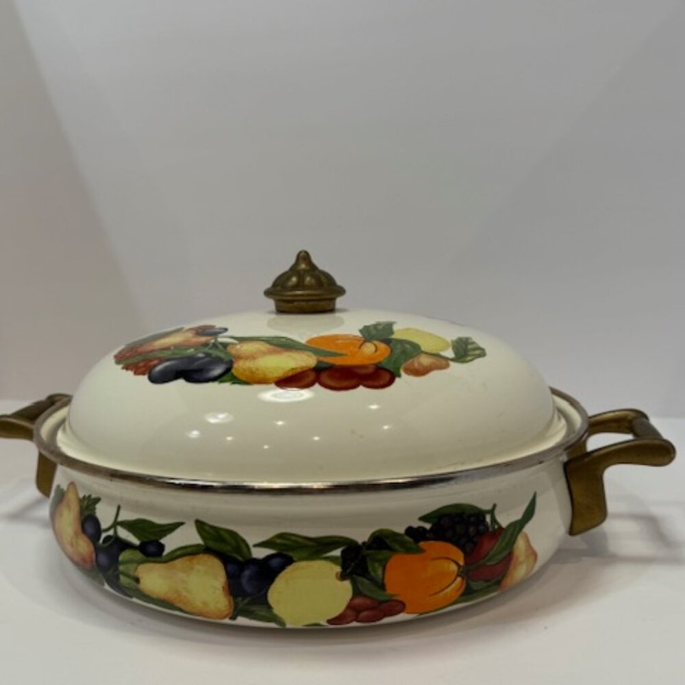 Regency Club 10" Dutch Oven Pot Pan Fruit Enamel Brass Handles W/Lid Vintage